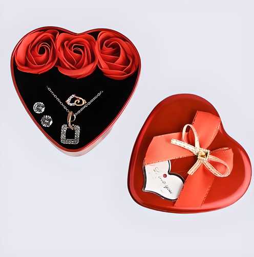 💝 Sparkling Love Heart Gift Box with Necklace & Artificial Roses – Romantic Jewellery Gift for Women