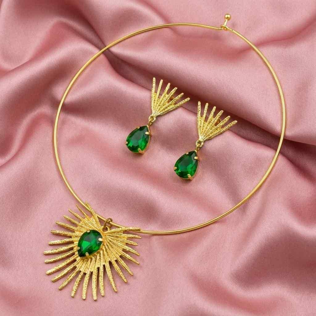 ✨ Royal Emerald Gold-Plated Necklace & Earring Set for Women – Premium Festive Jewellery Combo
