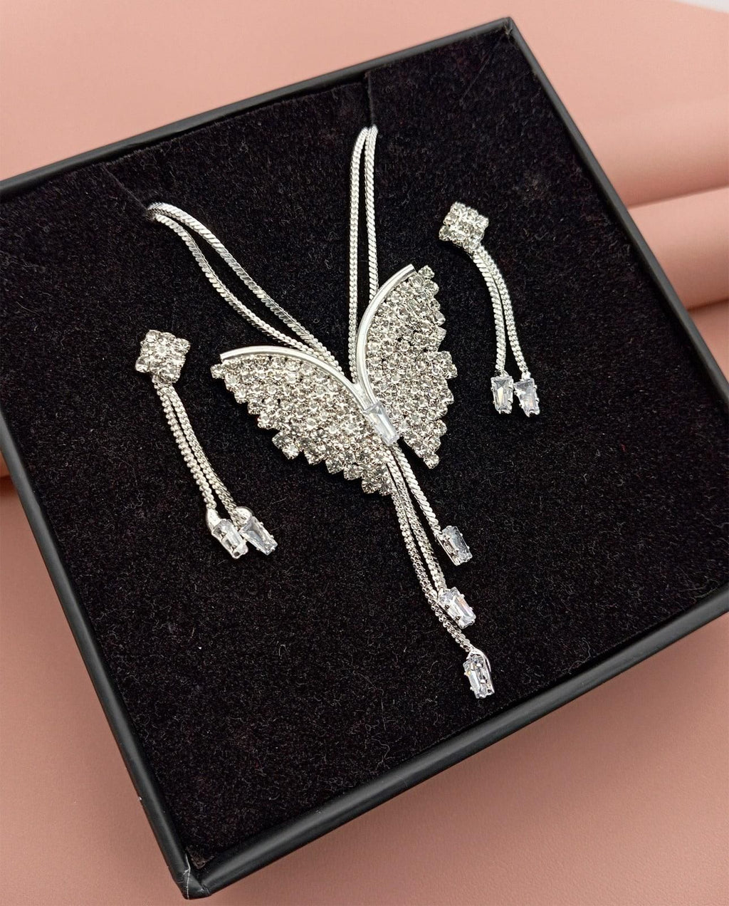 ✨ Silver Crystal Butterfly Pendant Necklace & Earring Set for Women – Luxury Party Wear Jewellery
