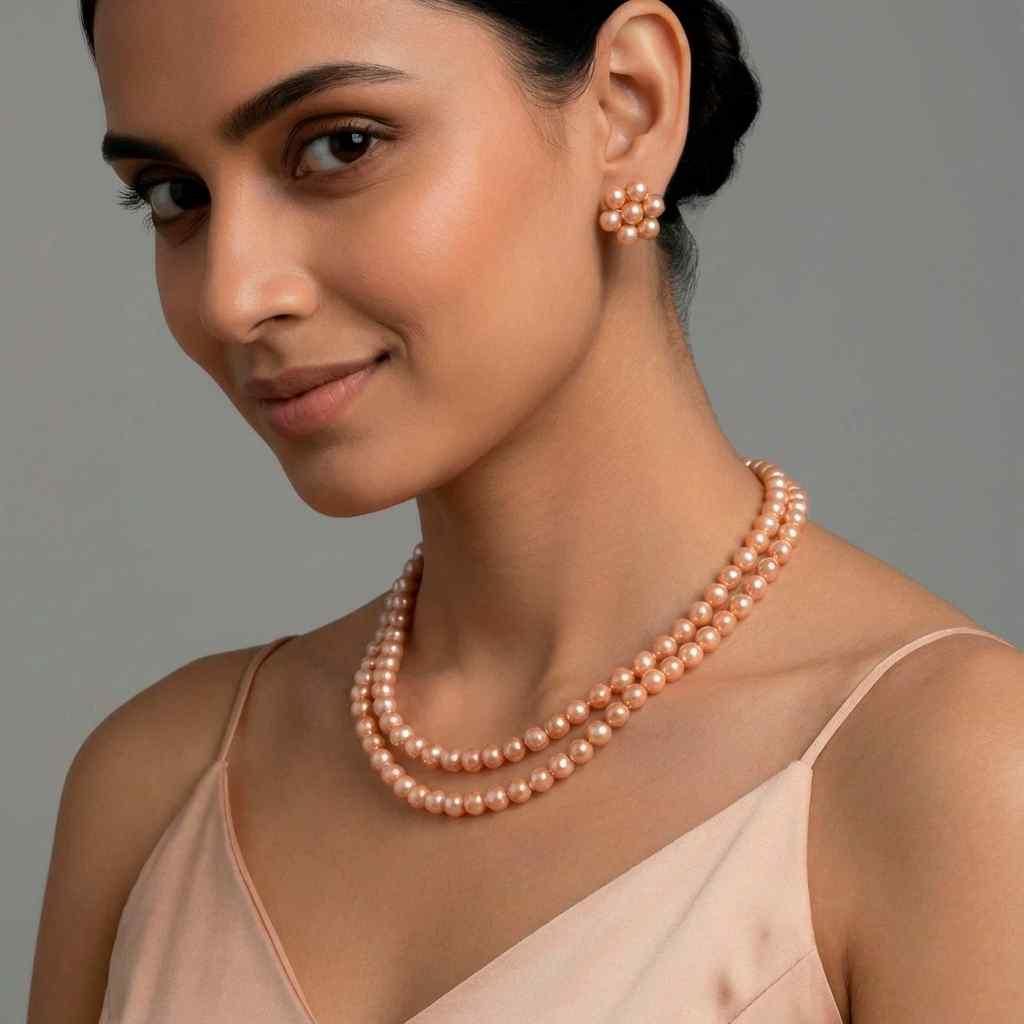 ✨ Golden Brown Pearl Multilayer Necklace & Earring Set for Women – Premium Festive Jewellery