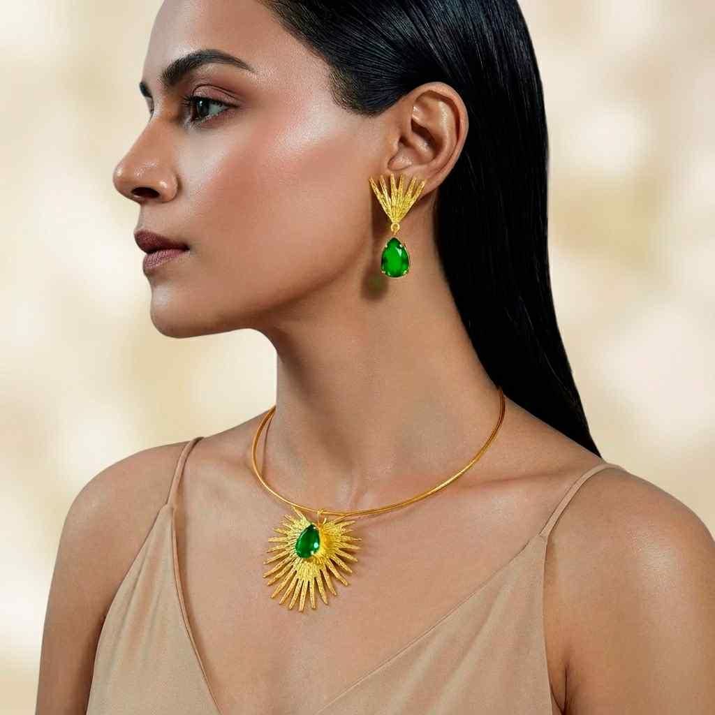 ✨ Royal Emerald Gold-Plated Necklace & Earring Set for Women – Premium Festive Jewellery Combo