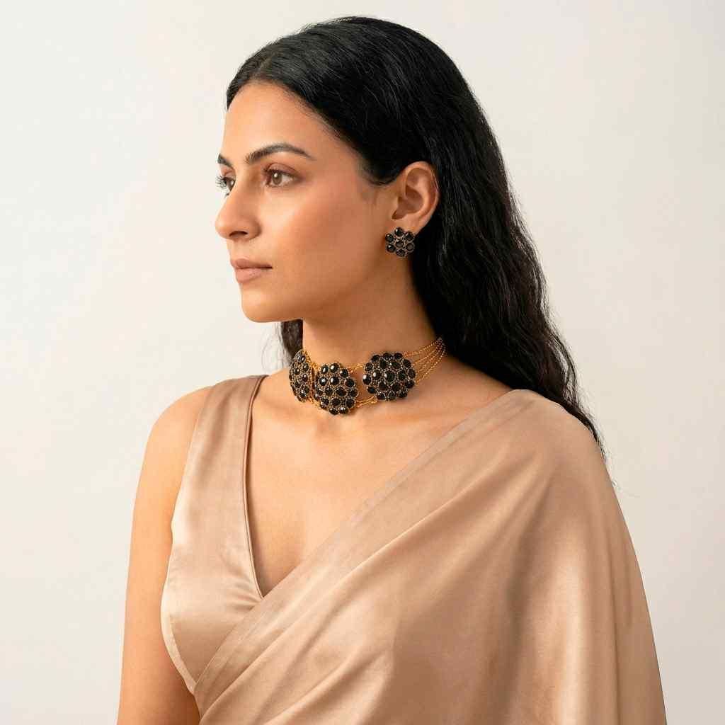 ✨ Black Crystal Choker Necklace &amp; Earring Set for Women – Luxury Festive Jewellery