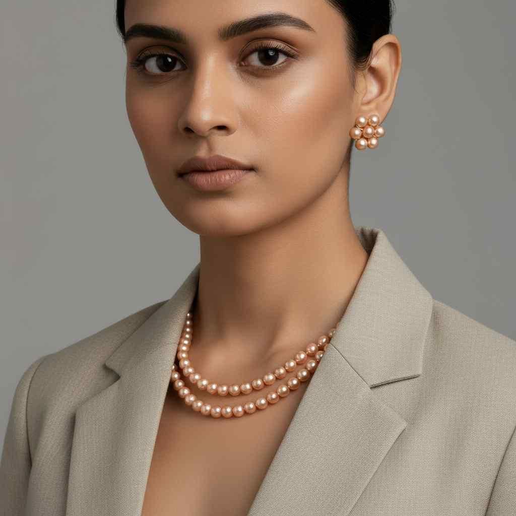 ✨ Golden Brown Pearl Multilayer Necklace & Earring Set for Women – Premium Festive Jewellery