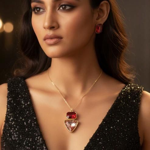✨ Elegant Ruby Pendant Necklace & Earring Set for Women – Premium Fashion Jewellery Combo