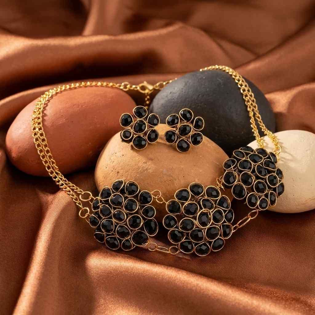 ✨ Black Crystal Choker Necklace &amp; Earring Set for Women – Luxury Festive Jewellery