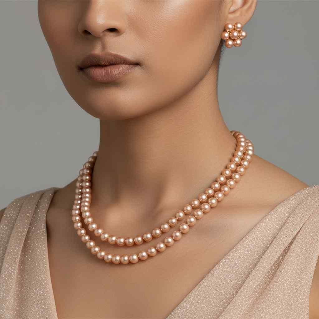 ✨ Golden Brown Pearl Multilayer Necklace & Earring Set for Women – Premium Festive Jewellery