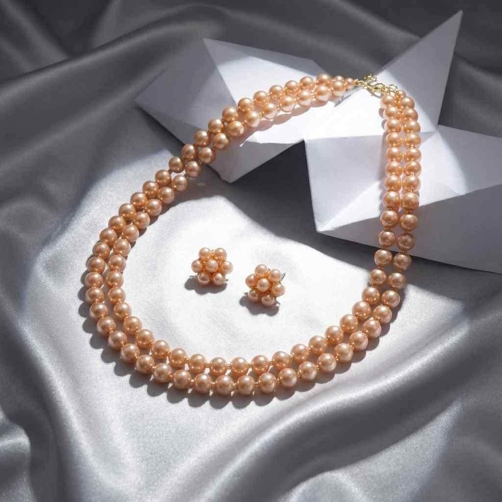 ✨ Golden Brown Pearl Multilayer Necklace & Earring Set for Women – Premium Festive Jewellery