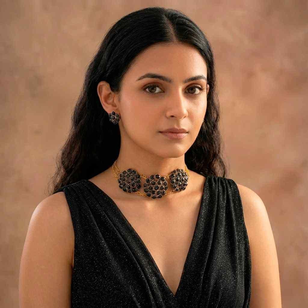 ✨ Black Crystal Choker Necklace &amp; Earring Set for Women – Luxury Festive Jewellery