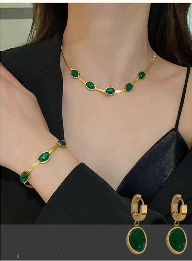 Oval Green Crystal Pendant Necklace Set with Bracelet – Gold-Plated Stainless Steel Jewelry for Women