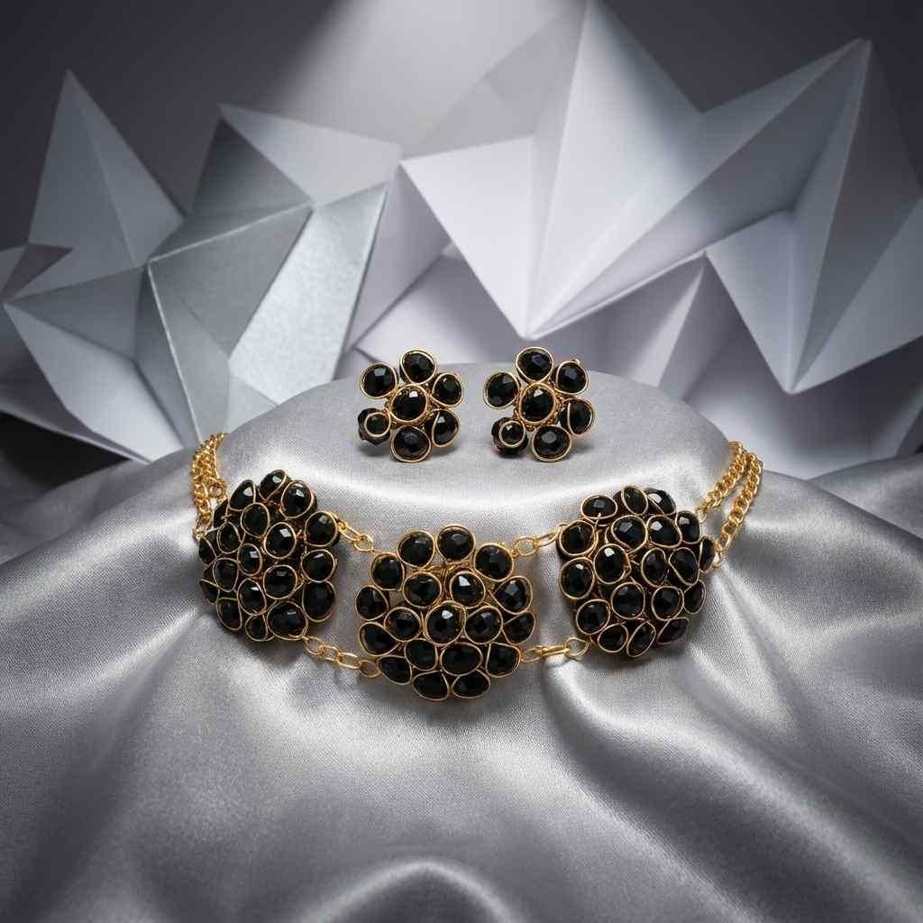✨ Black Crystal Choker Necklace &amp; Earring Set for Women – Luxury Festive Jewellery