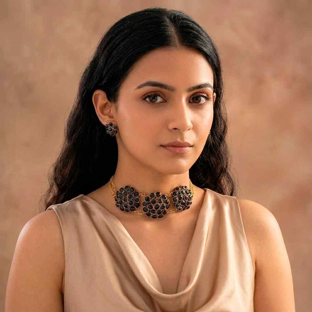 ✨ Black Crystal Choker Necklace &amp; Earring Set for Women – Luxury Festive Jewellery