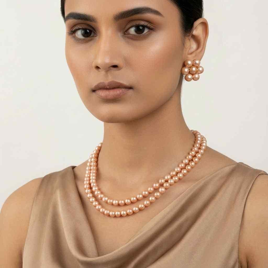 ✨ Golden Brown Pearl Multilayer Necklace & Earring Set for Women – Premium Festive Jewellery