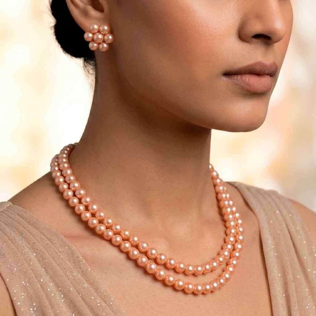 ✨ Golden Brown Pearl Multilayer Necklace & Earring Set for Women – Premium Festive Jewellery