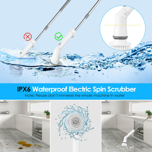 1Set Electric Spin Scrubber Cordless Rechargeable Telescopic Cleaning Brush 6 Replaceable Heads 2 Speed Adjustable Extension Arm Bathroom Tub Tile Floor